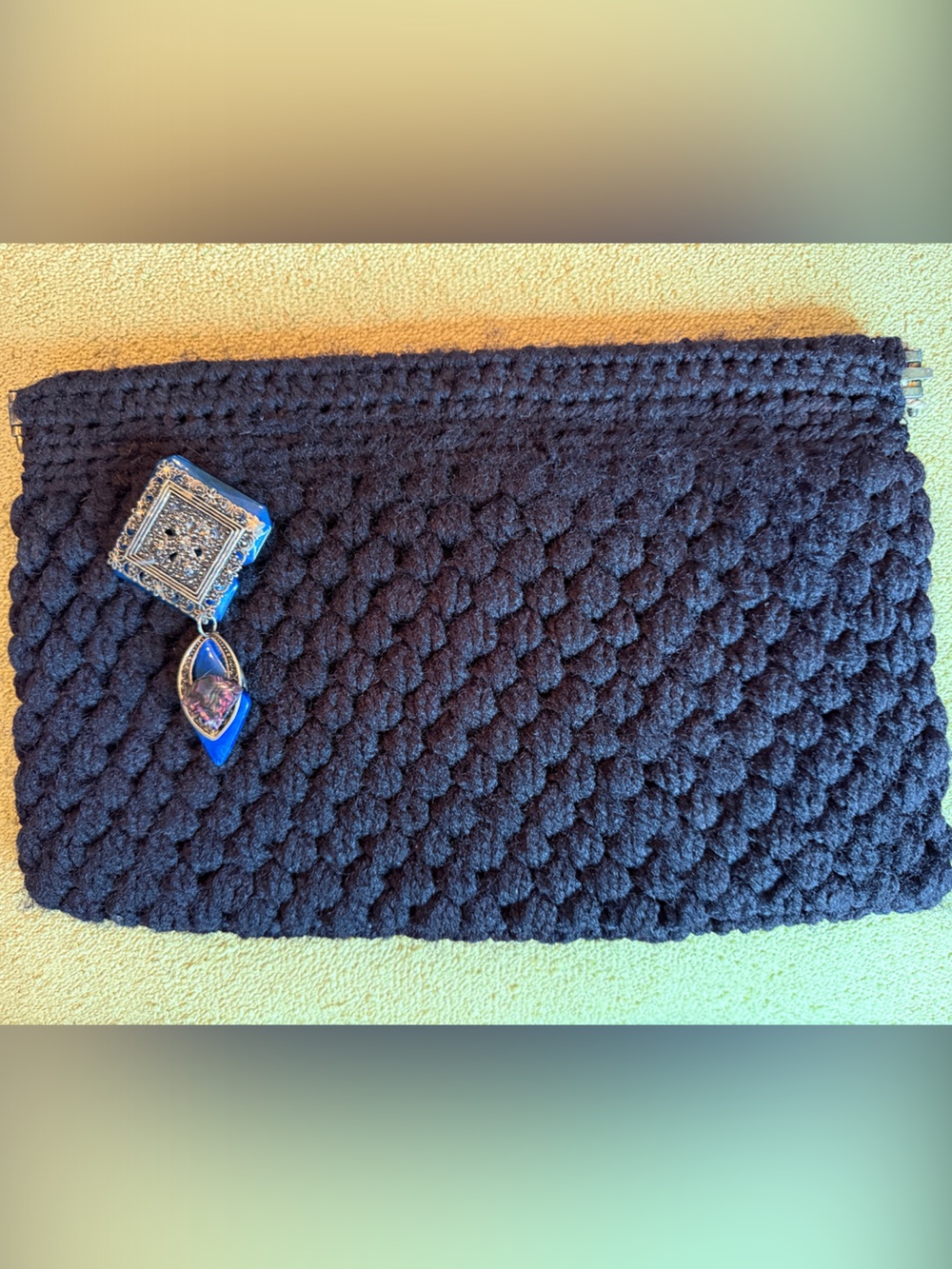 Vintage macrame’ black clutch purse with acrylic and silver pin